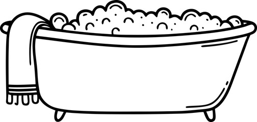 Bubble filled bathtub with towel, relaxing bath concept in line art