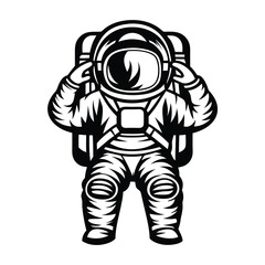Isolated Spaceman Character in Spacesuit, Black and White, Holding Helmet Edge Silhouette