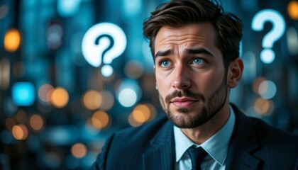 A man in a suit looking thoughtful with question marks in the background