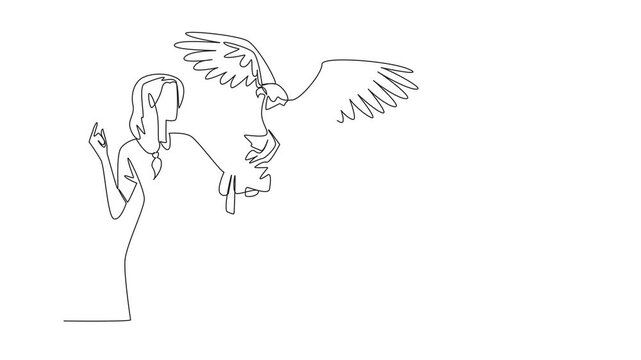 Animated self drawing of single continuous line drawing bald eagle perched on hand of woman. One type of eagle that is known to be very majestic. Symbolizes. Woman Holding Bird. Full length animation