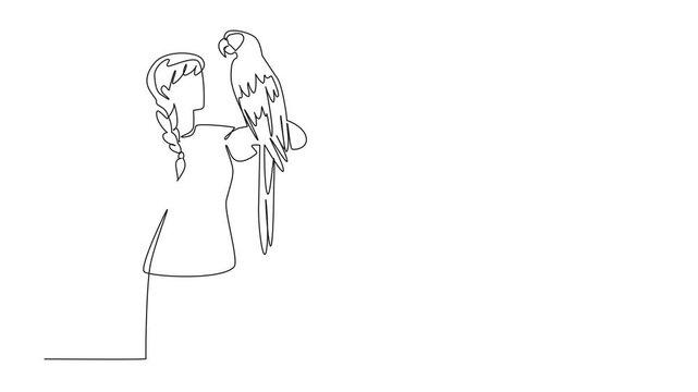 Animated self drawing of single continuous line drawing scarlet macaw parrot perched on hand of woman. Most beautiful and popular parrot. Be a good friend. Woman Holding Bird. Full length animation