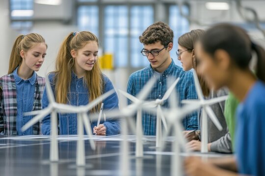 Young students collaborate on renewable energy projects in a classroom setting