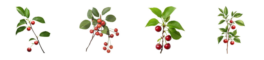 Four cherry branch varieties displaying vibrant foliage and fruit, cut out - stock png