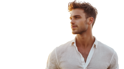 Man in casual linen shirt with subtle wrinkles, calm facial expression, summer afternoon glow, white background PNG, cropped to waist, no hands 