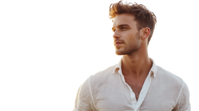 Man in casual linen shirt with subtle wrinkles, calm facial expression, summer afternoon glow, white background PNG, cropped to waist, no hands 