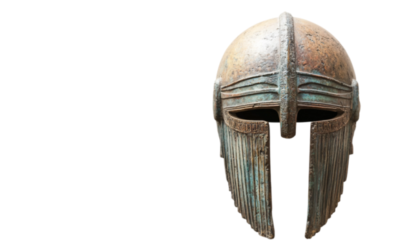 A minimalist depiction of an ancient Assyrian battle helmet with a plume Isolated on transparent background.
