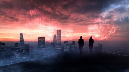 Fototapeta premium A digital art piece depicting two business people standing on the edge, overlooking an illuminated skyline with stock market graphs in red and blue hues, symbolizing financial success. 