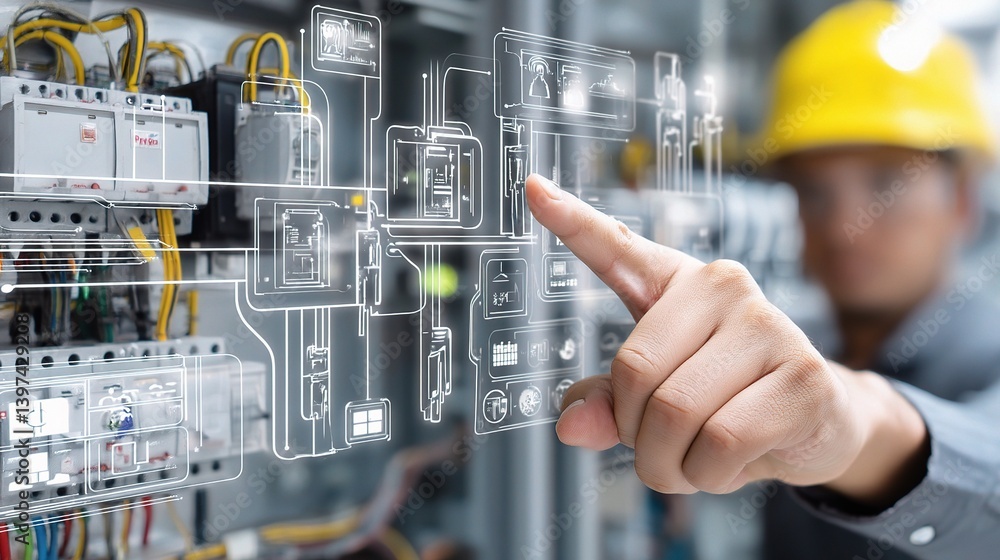 Poster engineer pointing to smart control interface in modern industry