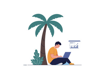 Fototapeta premium A young man sits cross-legged under a palm tree, focused on his laptop. Blue sky backdrop. Represents remote work, digital nomad lifestyle, and tropical business.