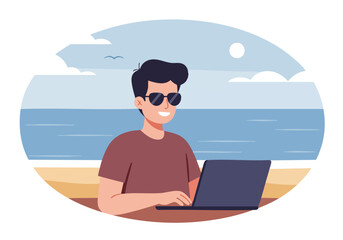 A young man with dark hair works on a laptop at a beach table. He wears sunglasses and a casual shirt, enjoying a sunny day. Relaxed, remote work.