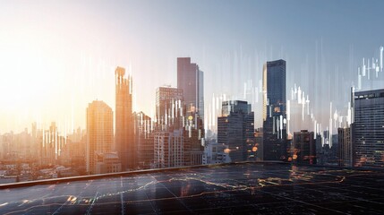 Fototapeta premium City Rooftop View with Forex Graph and Hologram Overlay Effects