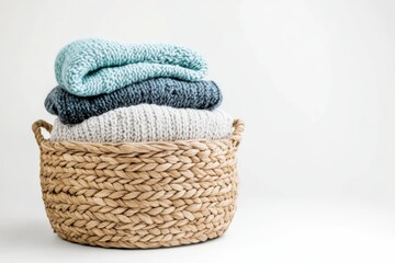 Obraz premium Stack of folded knitted sweaters in a woven basket against isolated on white background