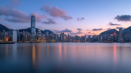 Fototapeta premium Tranquil City Skyline at Twilight with Water Reflections