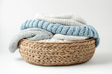 Wicker basket filled with folded knitwear in shades of blue isolated on white background