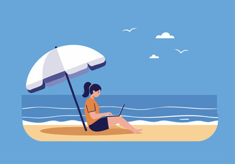 A young woman with dark hair works on a laptop at the beach under an umbrella. Relaxed, sunny scene conveys remote work and vacation lifestyle.