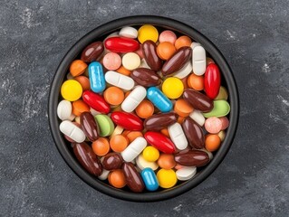 Overhead shot of black round bowl filled with multicolored capsules and softgels placed against dark textured background illustrating medical variety and pharmaceutical vibrance