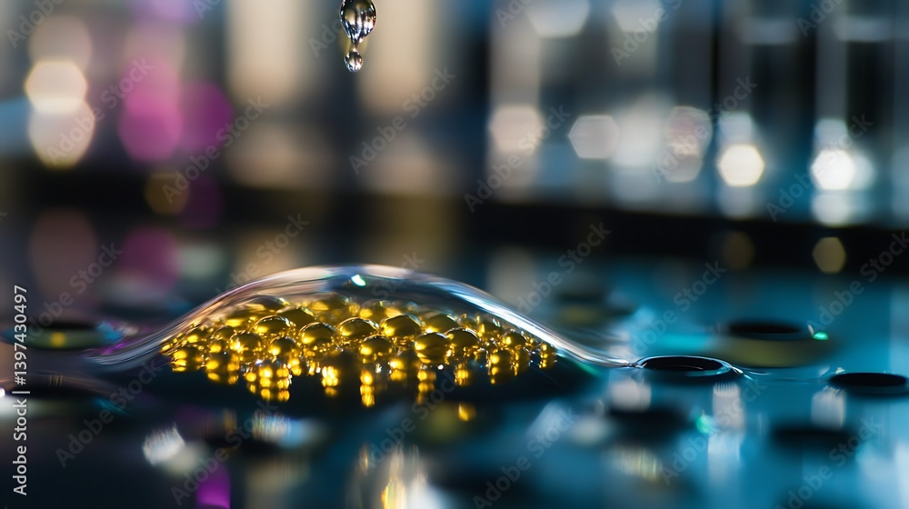 Poster close-up macro shot of shimmering golden droplets suspended over a reflective surface, capturing int