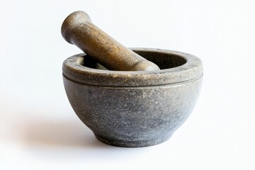 A stone mortar and pestle sitting against a white background