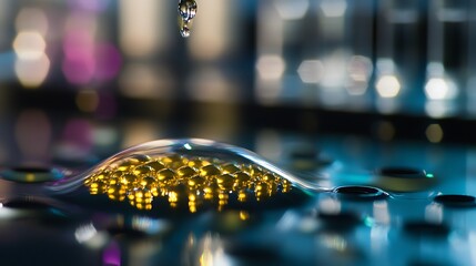 Close-up macro shot of shimmering golden droplets suspended over a reflective surface, capturing intricate details of light and color