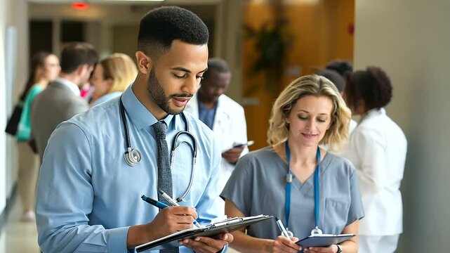 Pre-Med Student Shadowing Doctor during Busy Hospital Rounds