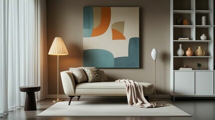 The image depicts a modern living room with a minimalist design.	
