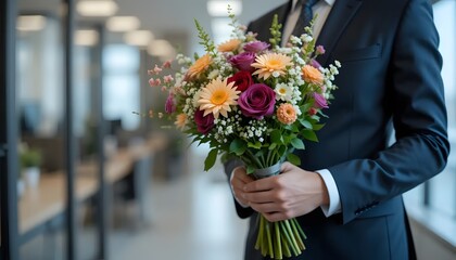 A heartfelt bouquet of vibrant flowers, a gesture of love and appreciation, held gently in a sharp suit, soft lighting and blurred office background.