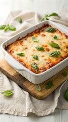 Freshly Baked Homemade Lasagna Topped with Basil in a White Ceramic Dish