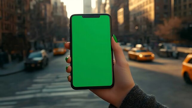 A close-up photo of a woman’s hand holding a phone with green screen, dynamic pose, side view, nails painted, urban cityscape with high-rise buildings and taxis in background, daylight.
