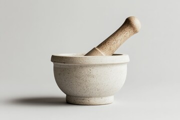 A ceramic mortar and pestle set is resting on a surface