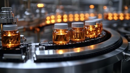 Jars move along a curved conveyor on an industrial production line