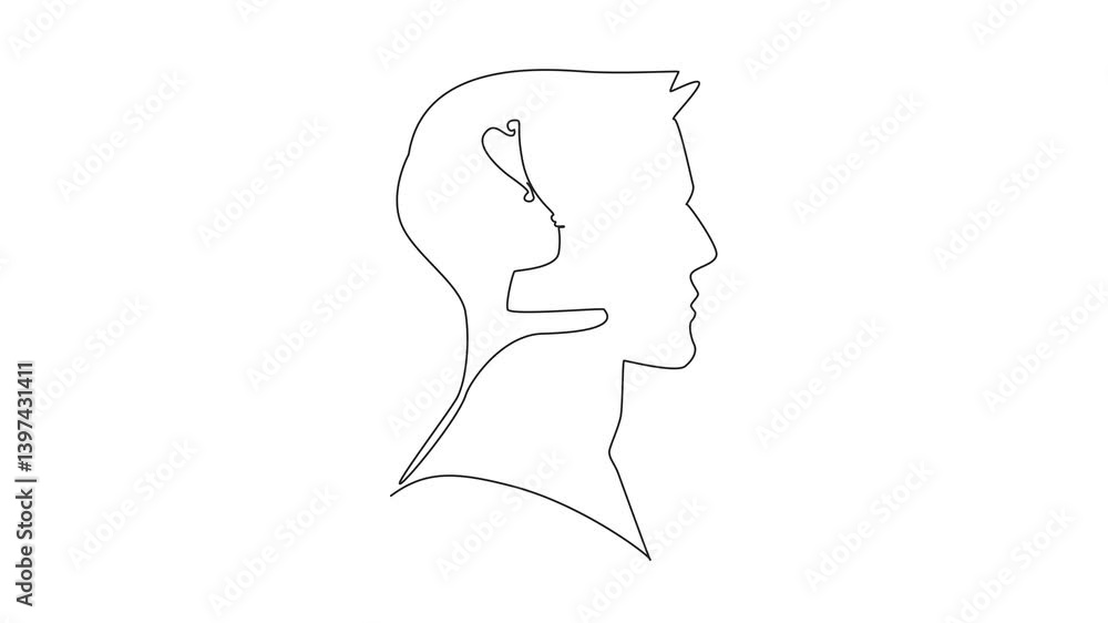 Poster animated self drawing of single continuous line drawing head of a man with a trophy in the middle of