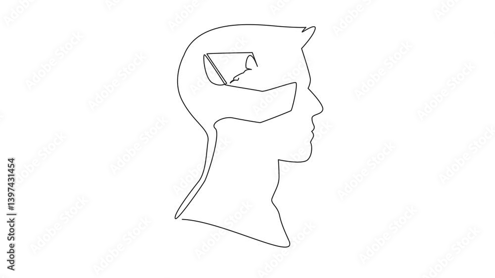 Poster self drawing animation of continuous one line drawing head of man with treasure box and gold coins i