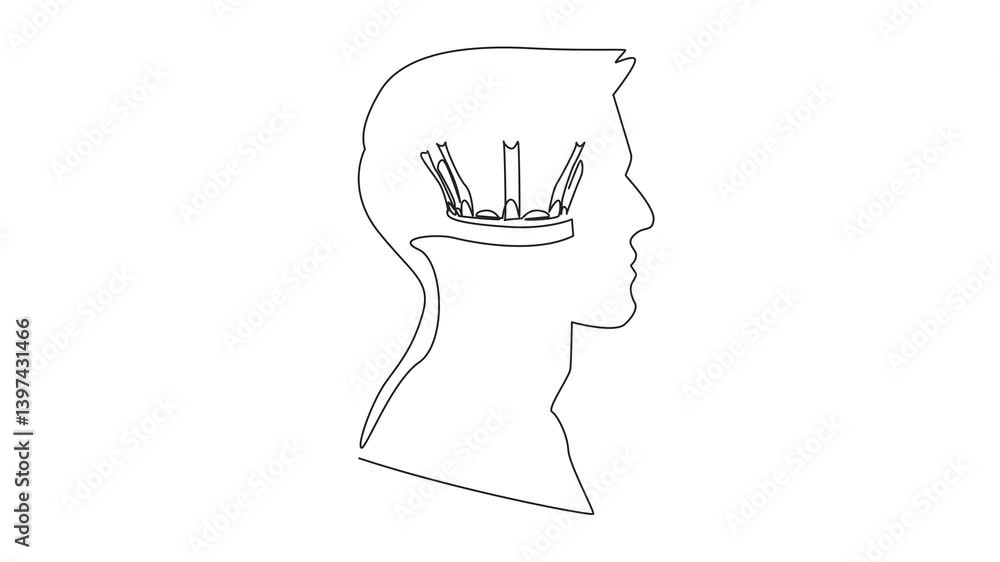Poster animation of single continuous line drawing the head of a man with a royal crown in the middle of hi