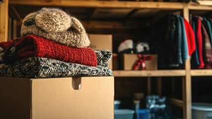 Fototapeta premium Cozy winter clothing stacked neatly, showcasing vibrant colors a