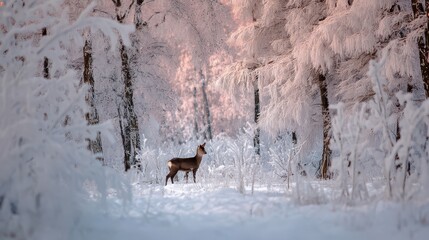 A deer in the winter forest under hoarfrost trees, beautiful winter landscape