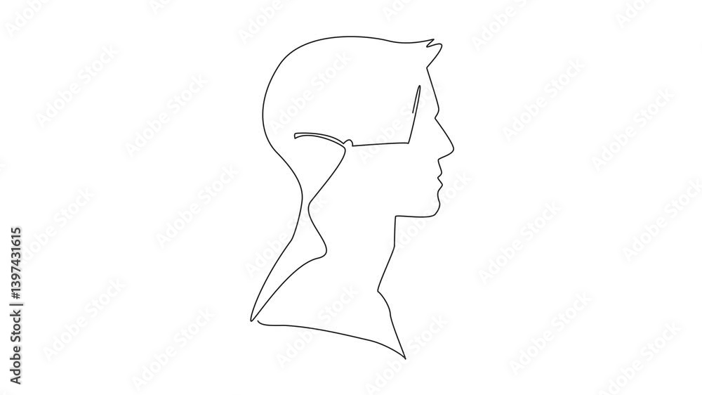 Poster self drawing animation of continuous one line drawing the head of a man with an open book in the mid