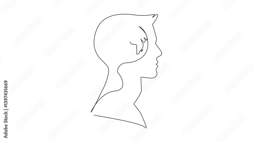 Poster self drawing animation of continuous one line drawing the head of a young man with a globe in the mi