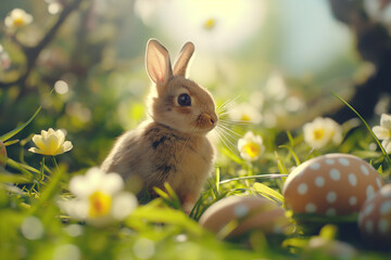 Easter bunny and eggs. Cozy Easter Composition. Cinematic style scene. Atmospheric Holiday Concept. Generative AI
