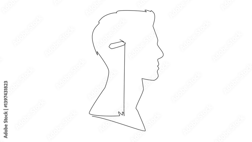Poster self drawing animation of single one line drawing the head of a man has a lightbulb in the middle of