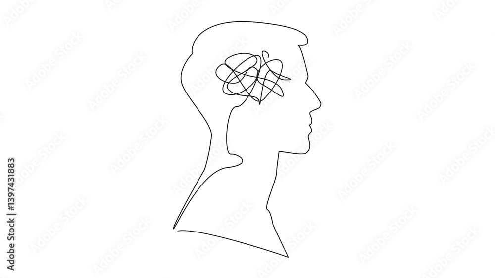 Poster animation of continuous one line drawing the head of a man with a tangled wire in the middle of his 