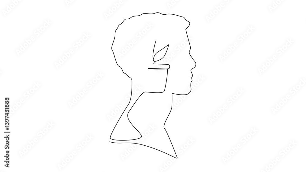 Aufkleber animated self drawing of single continuous line drawing head of man with pot containing flowering pl