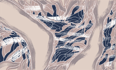 Intricate abstract composition featuring flowing beige shapes entwined with deep navy and soft taupe segments, mimicking natural topography or organic river-like structures