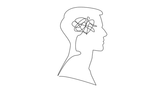 Animation of continuous one line drawing the head of a man with a tangled wire in the middle of his head. Too many problems. Involute. Complex. Inside the Head of Man. Full length motion