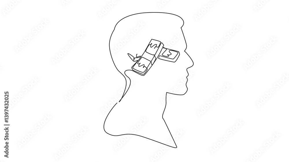 Aufkleber animation of continuous one line drawing the head of a man with pile of banknotes in the middle of h