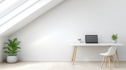 Cozy minimalist home office with laptop, plants, and natural light from large window. Ideal for productivity.