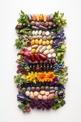 Nutritional supplements and organic capsules placed neatly on vertical wooden planks showing holistic wellness healing ingredients vitamins and nature based immune support