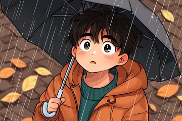 Boy with rain, autumn, and umbrella.