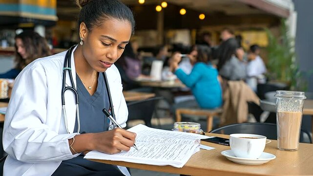 Pre-Med Student Studying Flashcards in a Bustling Café