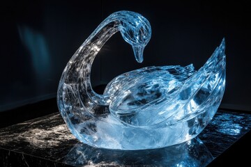 Elegant ice sculpture of swan showcases intricate detailing and