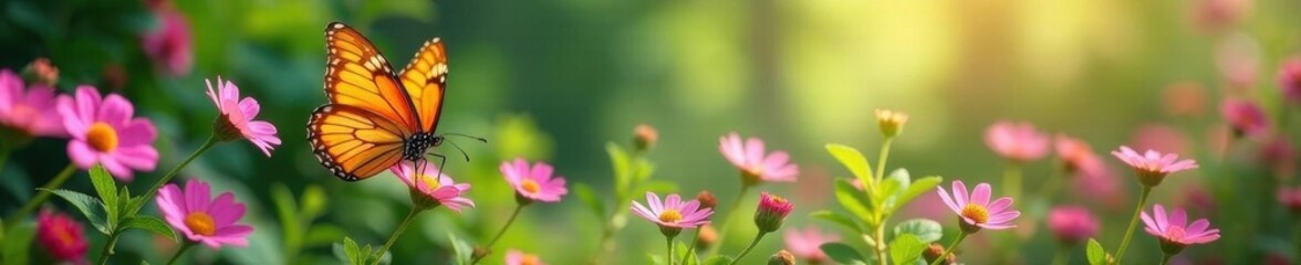 Fototapeta premium Vibrant butterflies flitting amidst blooming wildflowers , blossom, butterflies, floral
